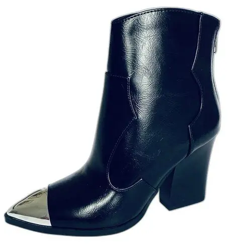 Soda NWT Black Metal Tip Western Booties Zip Faux Leather with Block Heel Sz 6M