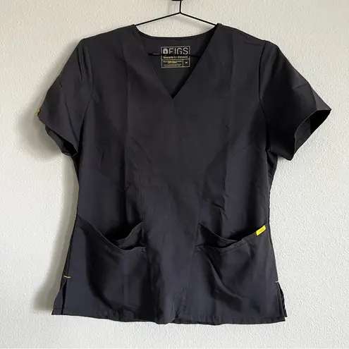 FIGS  Charcoal Grey/Yellow Four-Pocket Scrub Top. Size Medium