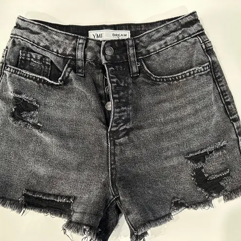 Ymi Black Denim Shorts Button Front Distressed Frayed Hem - Size 25.