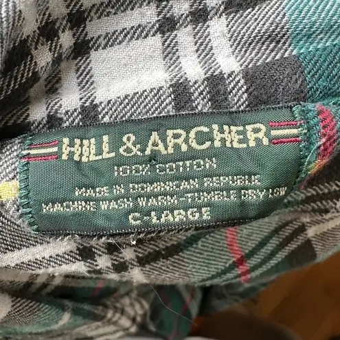 90s Vintage Hill & Archer Green Plaid Cotton Pajama Flannel Top Grunge Boyfriend Size L