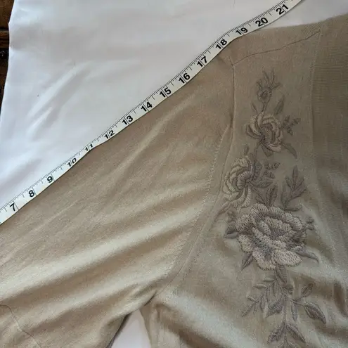 Johnny Was Beige Floral Embroidered Belted Silk Cashmere Long Cardigan Size M