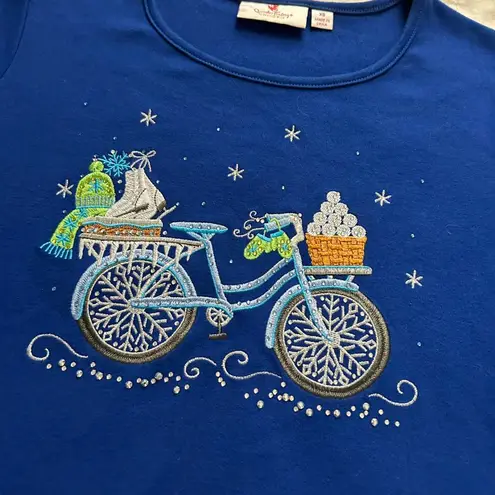 Blue Quacker Factory blue 3/4 length sleeve tee wintery bicycle design Size XS