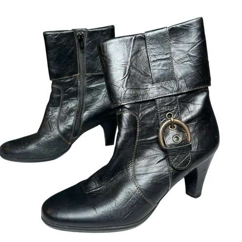 Paul Green Harness Boots 6.5 Black Leather Buckle Cuffed Western Ankle Booties