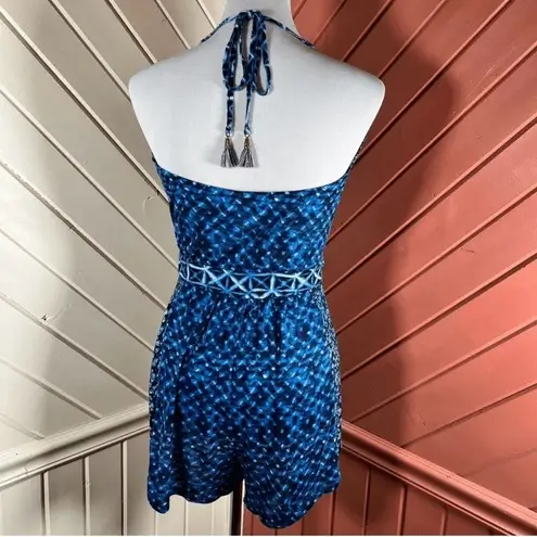 Lucky Brand LK7TF37 Blue Halter Romper Boho Geometric Print Tassel Tie Medium