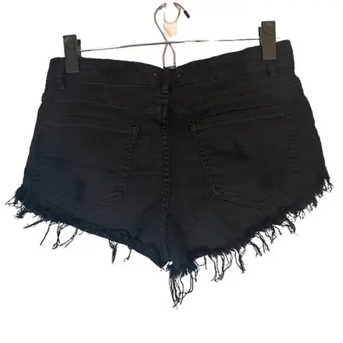 Bershka #BSKGirl X Black Fringe Trim Raw Hem Embroidered Jean Shorts Women Sz 4