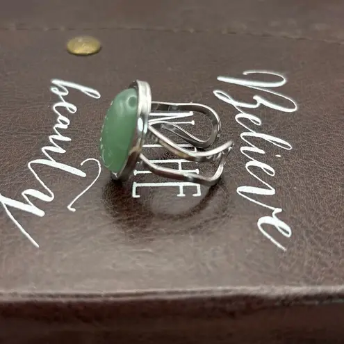 Handmade Green Jade Oval Adjustable Ring Stainless Steel Boho Jewelry