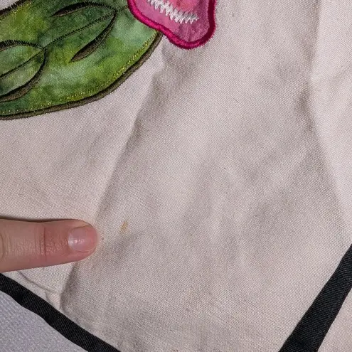 Vtg Y2K Indigo Moon Ivory Pink Floral Applique Black Piping Collarless Jacket S