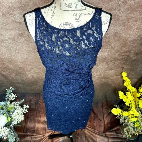Aidan Mattox Beaded Lace Cocktail Dress Dark Navy Blue 2