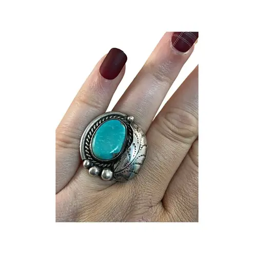 Vintage Turquoise Sterling Silver Native American Navajo Ring Sz 6.5 Blue