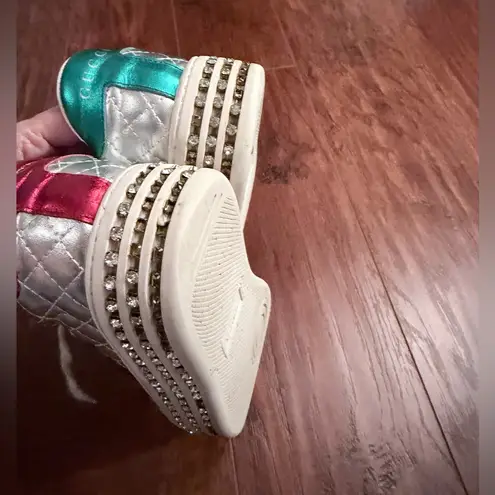 Silver leather sneakers with stripes/bees & crystal embellishments accents Sz 9