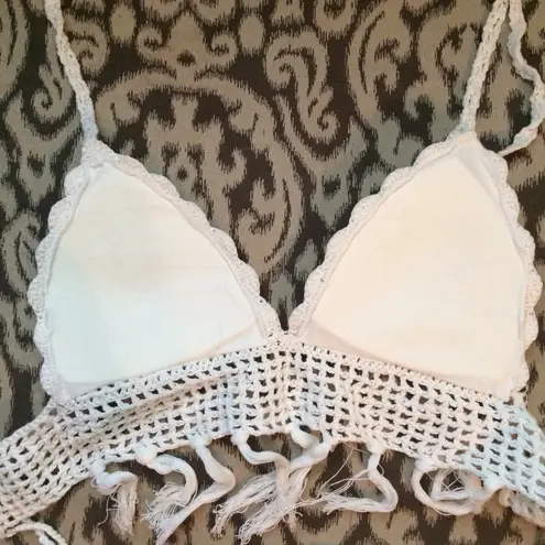 Boutique NEW White Boho Crochet Fringe Halter Crop Top Bikini