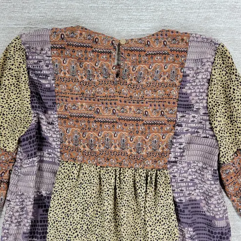 Ces Femme Boho Patchwork Print Long Sleeve Peasant Tunic Blouse Size S Brown