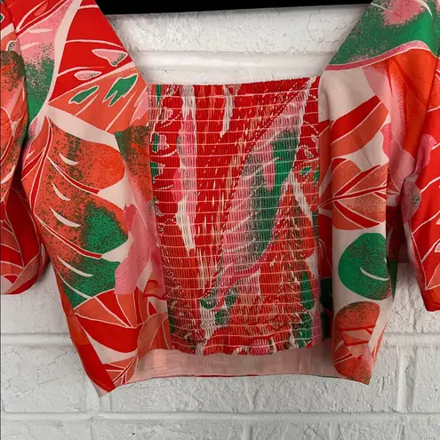 Giani Bernini Red and Green Floral Puff Sleeve Blouse Size Small