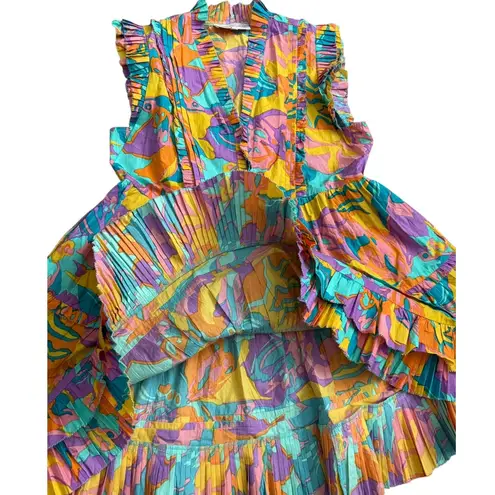 Love The Label Elana Poplin Dress Multicolored Iris Print Pockets Size Medium Yellow