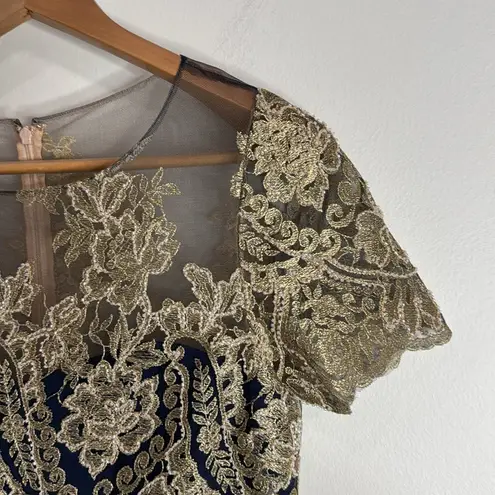 Marchesa Notte Navy/Gold Lace Embroidered Beaded Satin Sheath Evening Dress sz 8 Blue