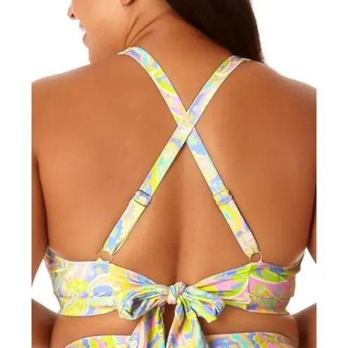 California Sunshine Cinched-Front Tie-Back Bikini Top Paisley Pink Blue 1X