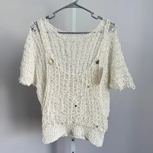 Pop Killer Los Angeles Crochet Knit Top Women's Ivory Beads Sea Shells sz S NWT White