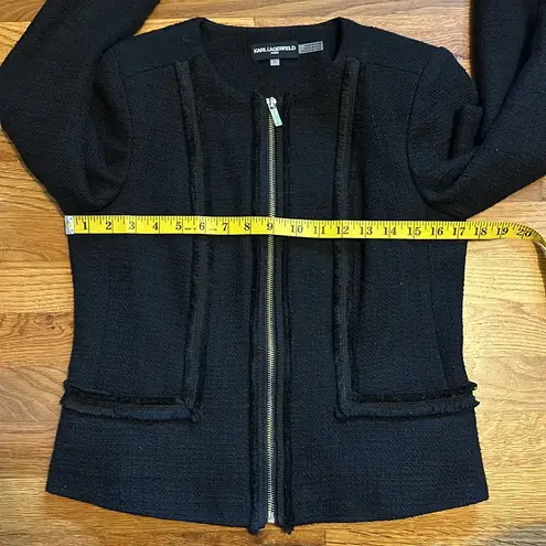 Karl Lagerfeld Paris Women 4 Tweed Black Long Sleeve Jacket Ruffle Fringe Work