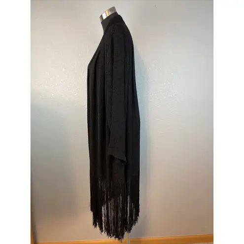 Panache Vintage Sweater Jacket Small Black Handwoven Open Cardigan Fringe Boho