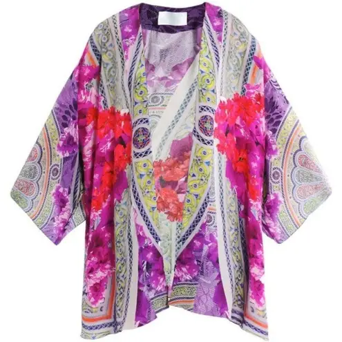 NWT Athena Procopiou 100% Silk Garden Print Kimono Cardigan Cover Up One Size Purple Size undefined