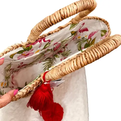 Haute Hippie Straw Seashell Basket Bag Red Tassel Floral Flamingo Interior NWT