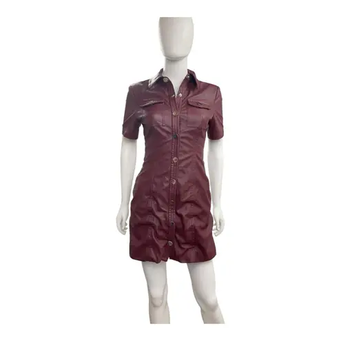 TOCCIN Burgundy Faux Leather Short Sleeve Dress Snap Front Mini Vegan Sz 2 Red