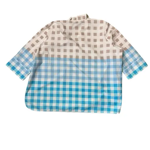 Ming Wang Top Womens 2XL Tan Blue Check Gingham Poplin 100% Cotton Tunic Ruffle