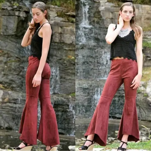 Ryu Bell Bottom High Waisted Burgundy Red Suede Flare Pants Size Large Bohemian