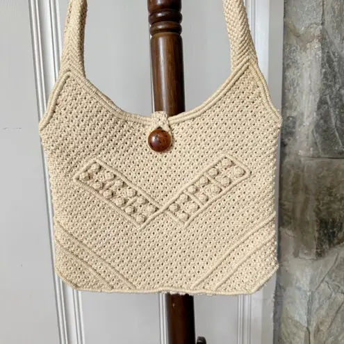 Vintage 1970s Cotton Macrame Woven Cream Crochet Shoulder Bag White