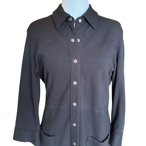 J Jill Stretch Ponte Knit Black Long Line Cardigan Jacket Snap Button Womens 8P