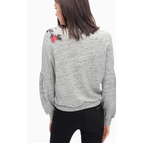 Splendid  Rose Embroidered Sweatshirt Gray Slouchy Balloon Sleeve Small Cottage