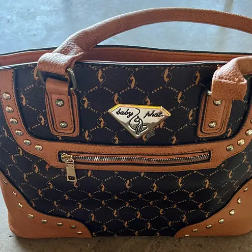 Baby Phat  NEW Logo Print Faux Leather Tote Bag Gold Studs