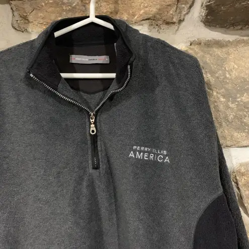Perry Ellis Vintage Grey/Black/White America Fleece Quarter Zip Embroidered Spell-out Sweatshirt