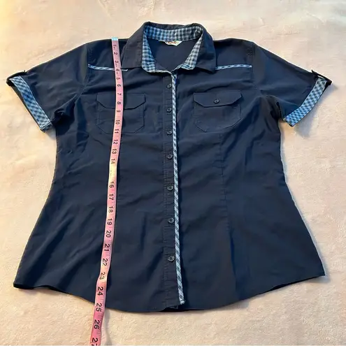 Elly navy blue short sleeve button down top blue gingham accents size 46 (L) Size L