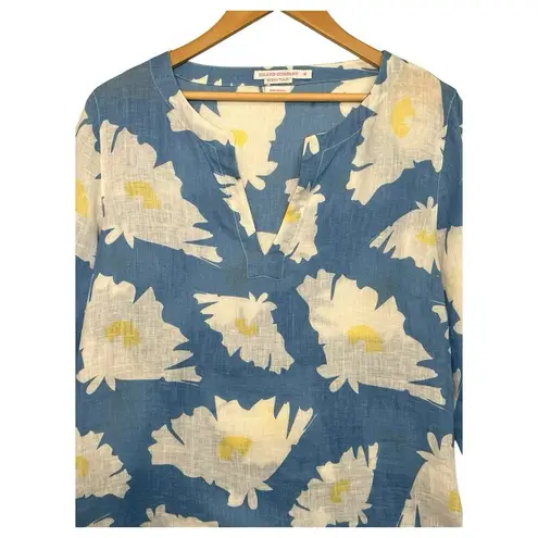 Island Company Top Womens Medium Blue Linen Floral Beach Cottage Coastal Boho