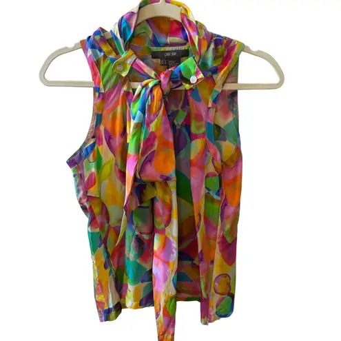 Per Se Per Se Silk Top Sleeveless Tie Neck Abstract Multicolor Blouse Women's 4 Tank
