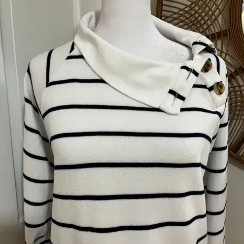 J.Crew XL Cozy Soft Warm Casual Striped Button Collar Nautical Sweatshirt Top White