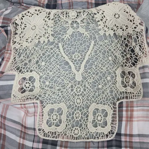 One World Womens Cardigan Medium Plaid Lace Back Open Drape Front Waterfall