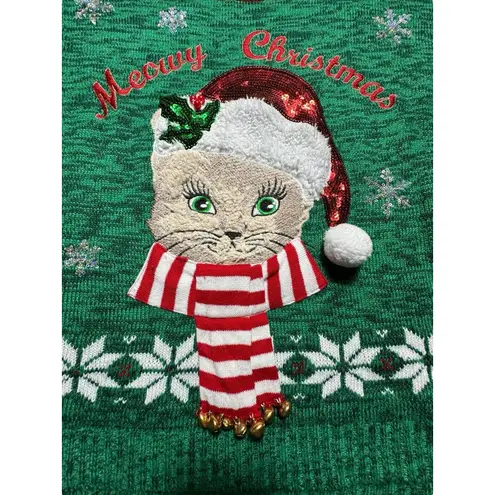 99 Jane Street XL Christmas Knit Green Sweater Cat Appliqué Crew Neck #X9