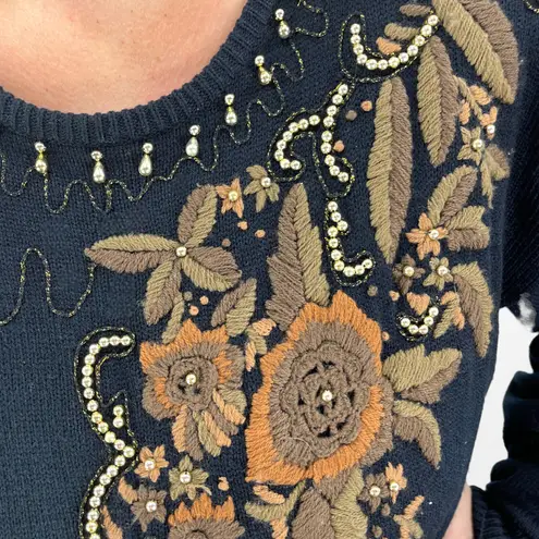 80s Vintage LARISA Black Embroidered and Beaded Knit Midi Sweater Dress Size L