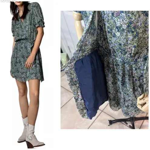 Zadig & Voltaire Wrap Dress Green Betty Mousseline Floral Puff Sz Small / Medium