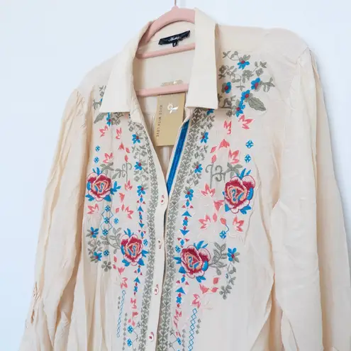 Andree by Unit Womens Shirt Size 2X Beige Embroidered Boho Cottage Prairie Folk