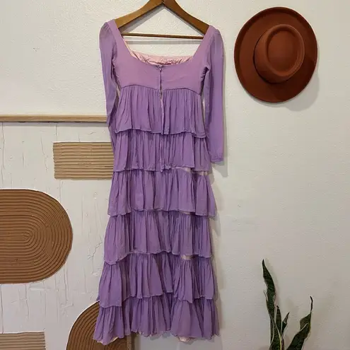 None Vintage Handmade 70s Purple Multi Tiered Pleated Sheer Sleeve Square Neck Dress