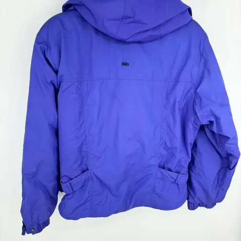 NILS Ski Jacket Size 10 Stowaway Hood Skiwear Zipper Front Blue