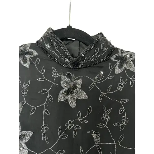 Papell Boutique top women’s size Medium black Indian beaded silk floral VTG 80