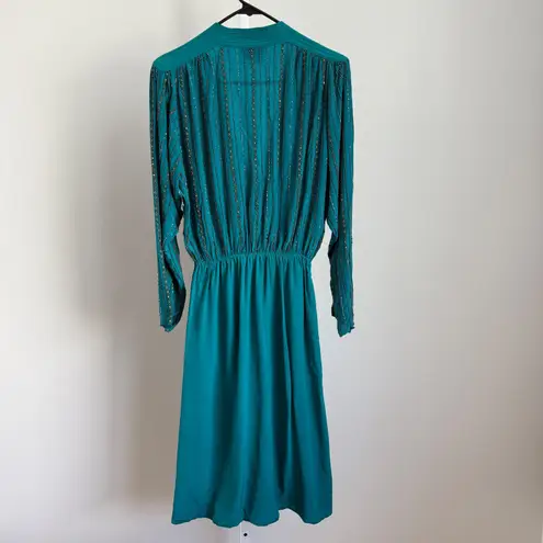 VTG Argenti 100% Silk Beaded Dress Teal Green Long Sleeve sz 10 Mob Wife Luxury
