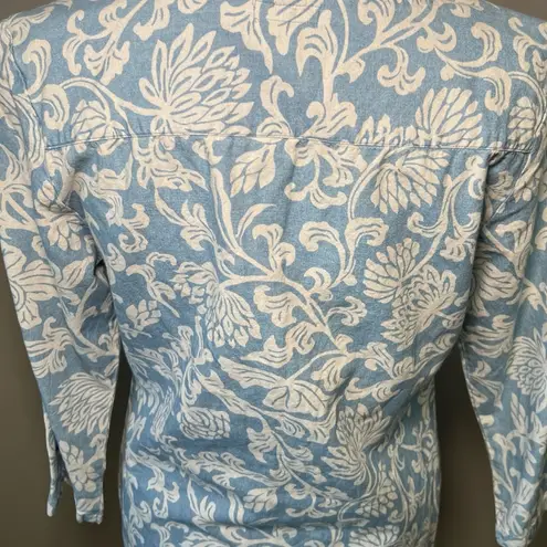 Faherty Cotton Floral Dress Tunic Chambray Blue White Size Medium Swim Coverup