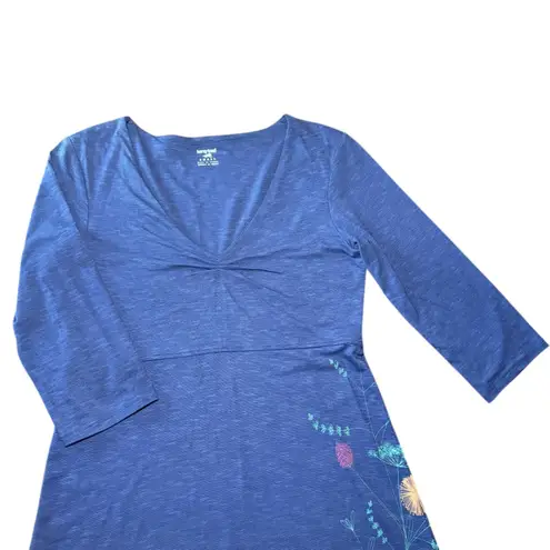 Horny Toad Blue Floral Print V Neck 3/4 Sleeve A Line Midi Dress Women Small