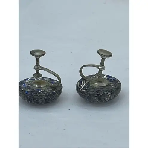 Vintage confetti blue & silver acrylic button screw back earrings Blue