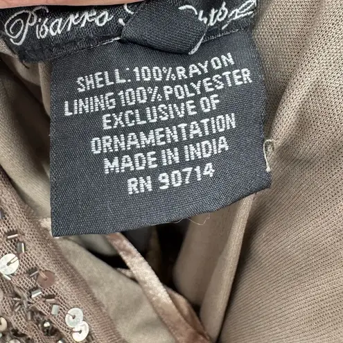 Pisarro Nights Draped Back Sequin Beaded Dress Mocha 20W Tan